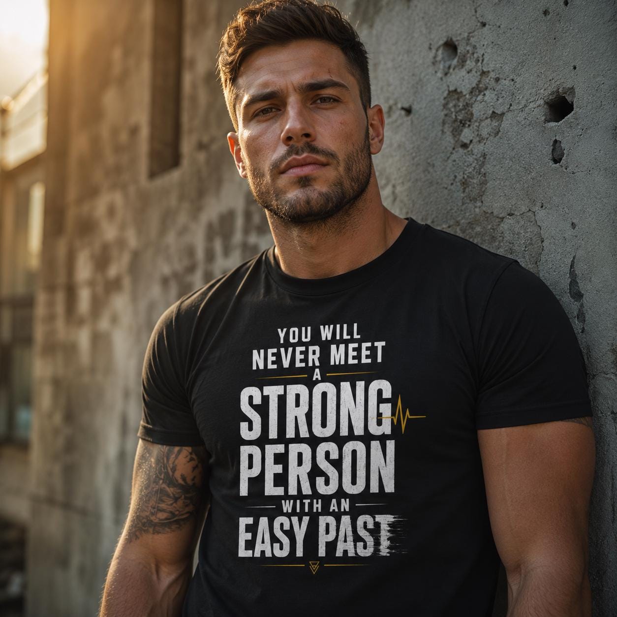 Mann trägt schwarzes T-Shirt mit weißem Statement-Schriftzug vor grauer Wand