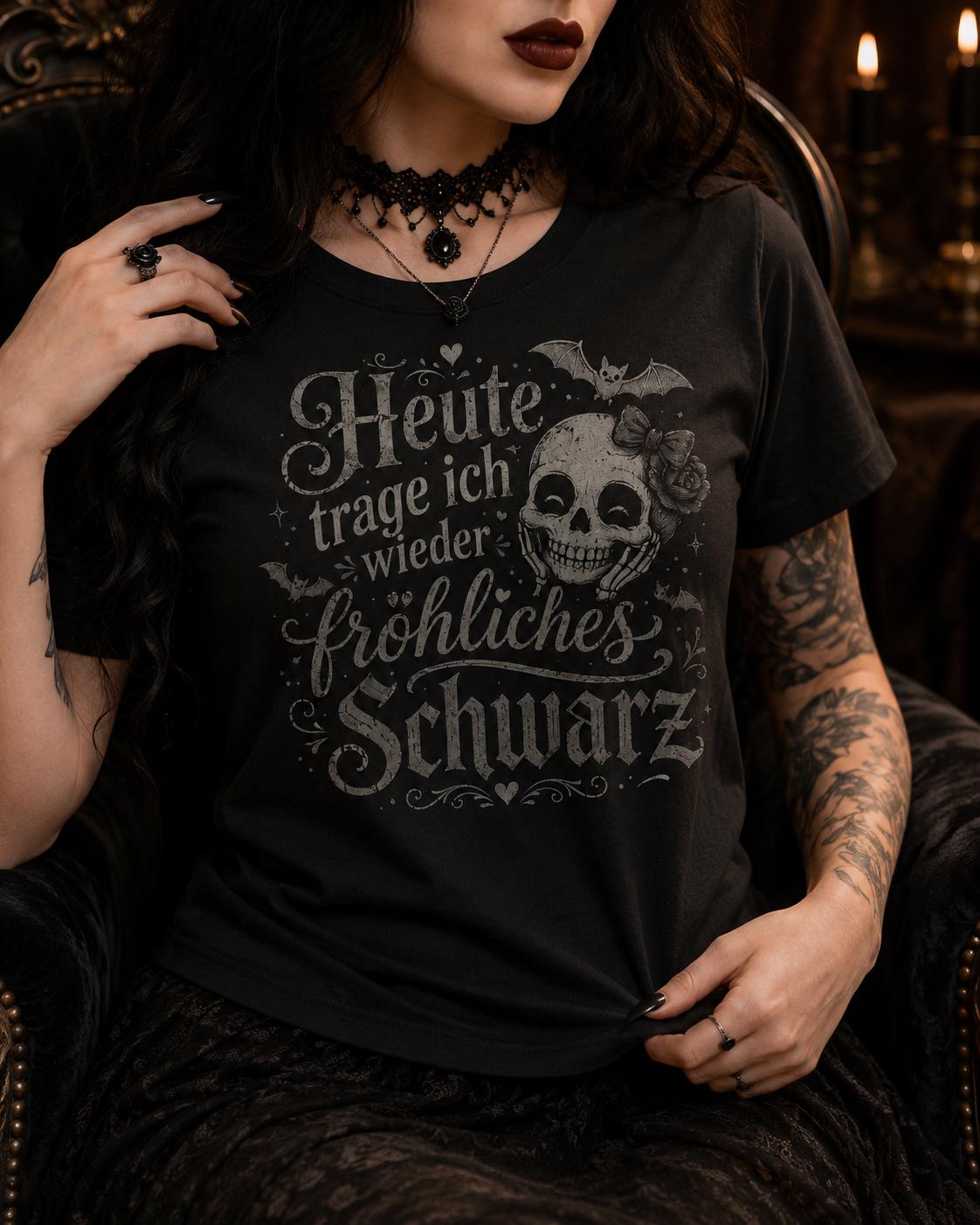 Heute trage ich fröhliches Schwarz Shirt - Gothic T-Shirt mit Totenkopf, lustiges schwarzes Statement Shirt - Floral Goth