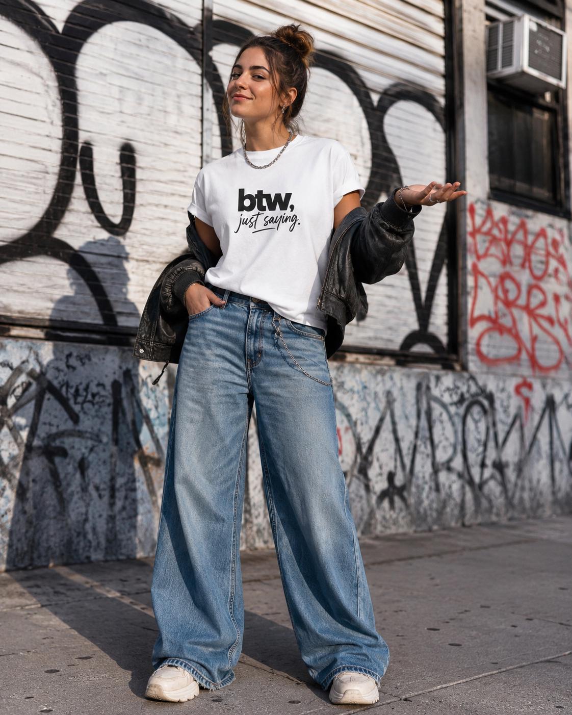 Frau trägt weißes T-Shirt mit schwarzem Aufdruck 'btw, just saying.' und weite Jeanshose, steht vor Graffiti-Wand