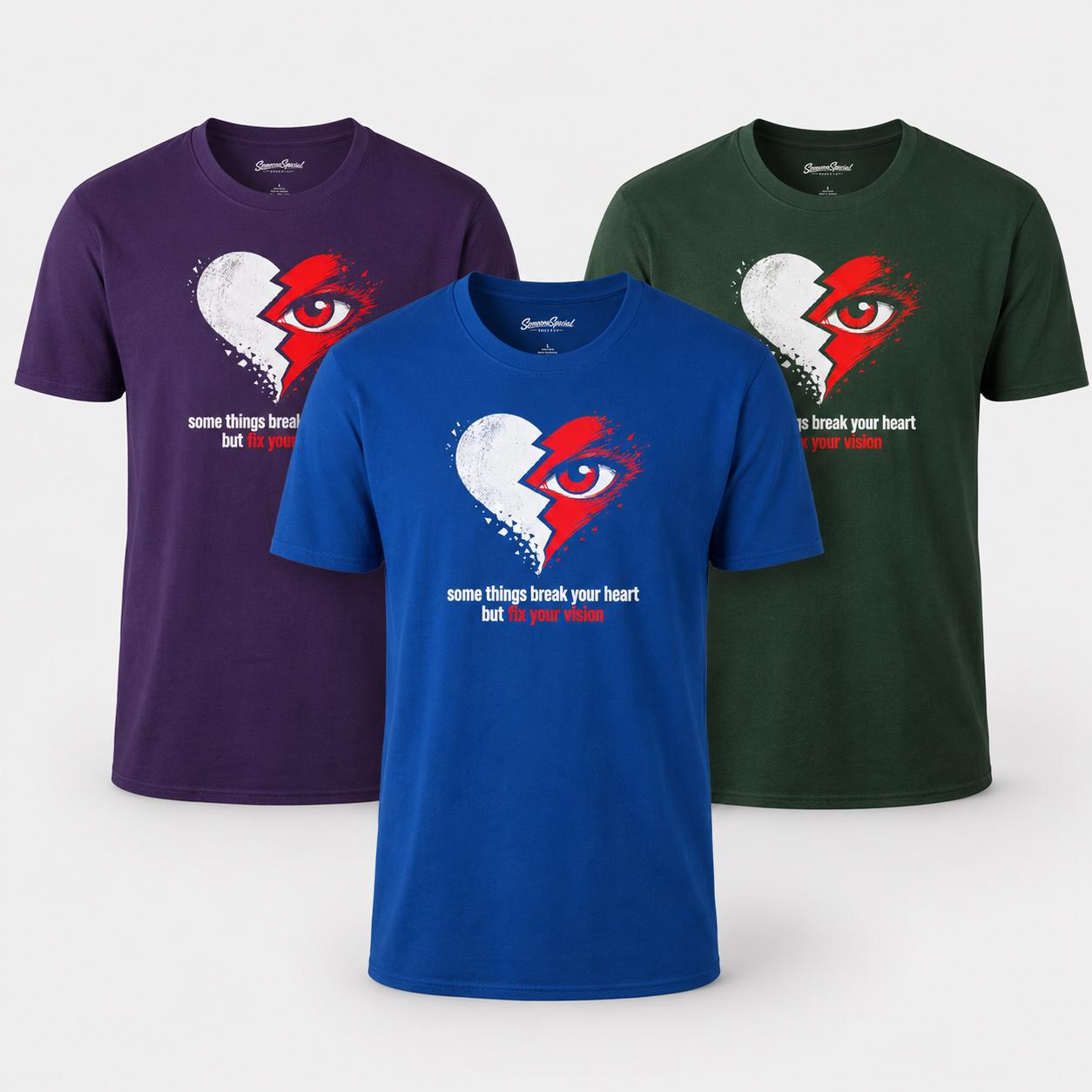 Unisex T-Shirts in Dunkellila, Blau und Grün mit emotionalem Herz-Auge-Print und beschreibendem Schriftzug