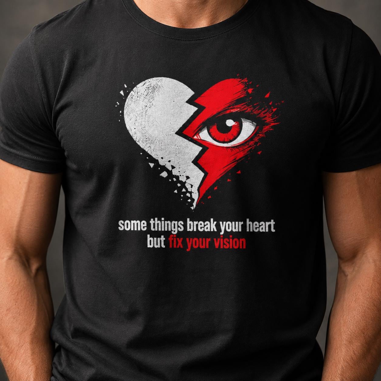 Schwarzes Unisex T-Shirt mit auffälligem Print von gebrochenem Herz und Auge sowie weiß-rotem Schriftzug