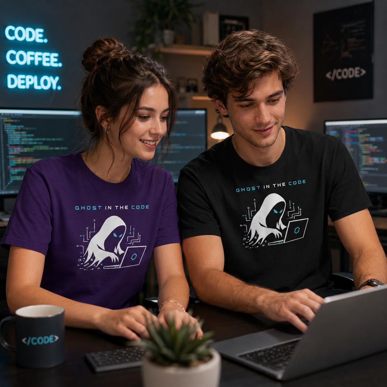 Zwei Personen sitzen nebeneinander, tragen lila und schwarzes Ghost in the Code T-Shirt, arbeiten am Laptop