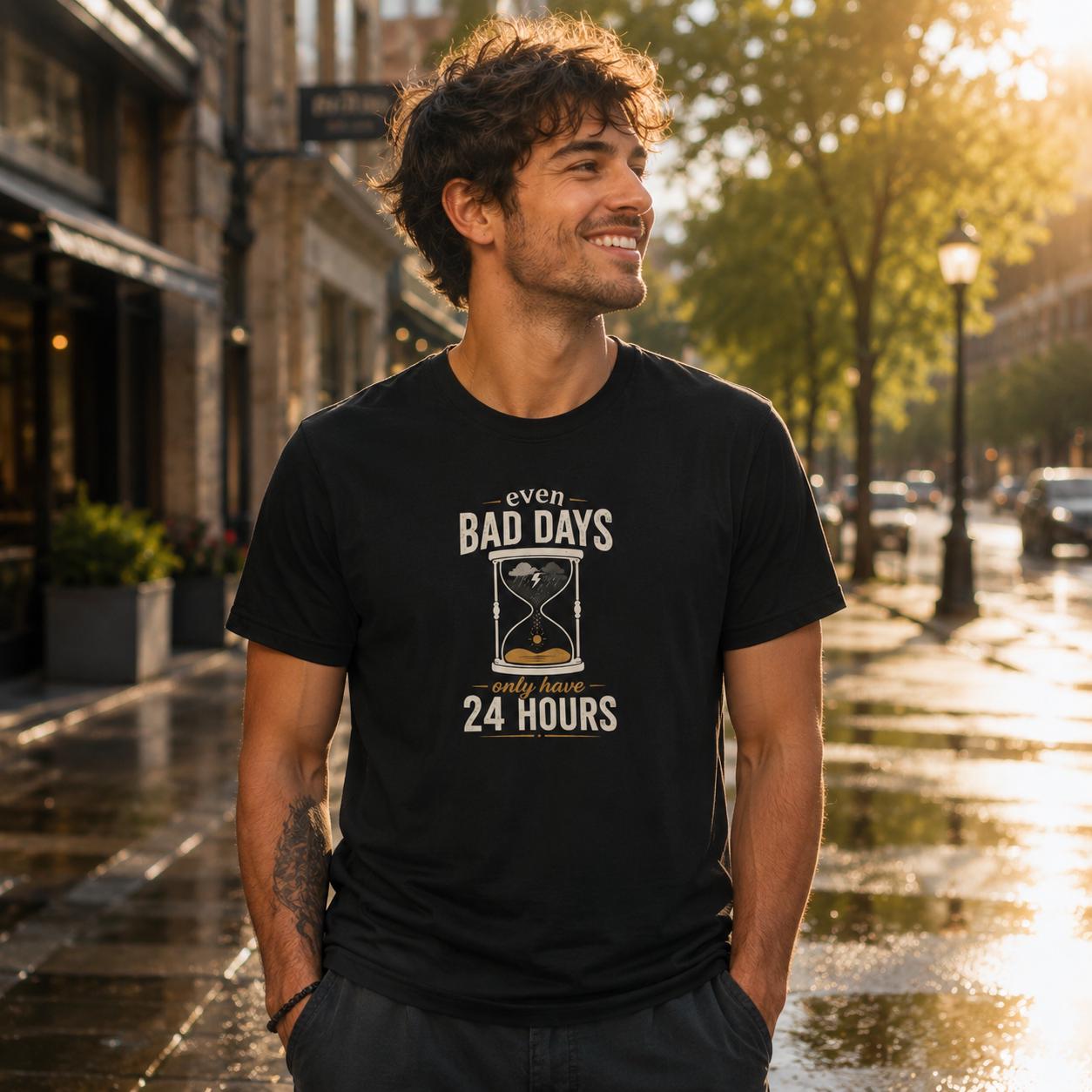 Mann trägt schwarzes Statement-Shirt mit Sanduhr-Design und motivierendem Text bei abendlichem Licht