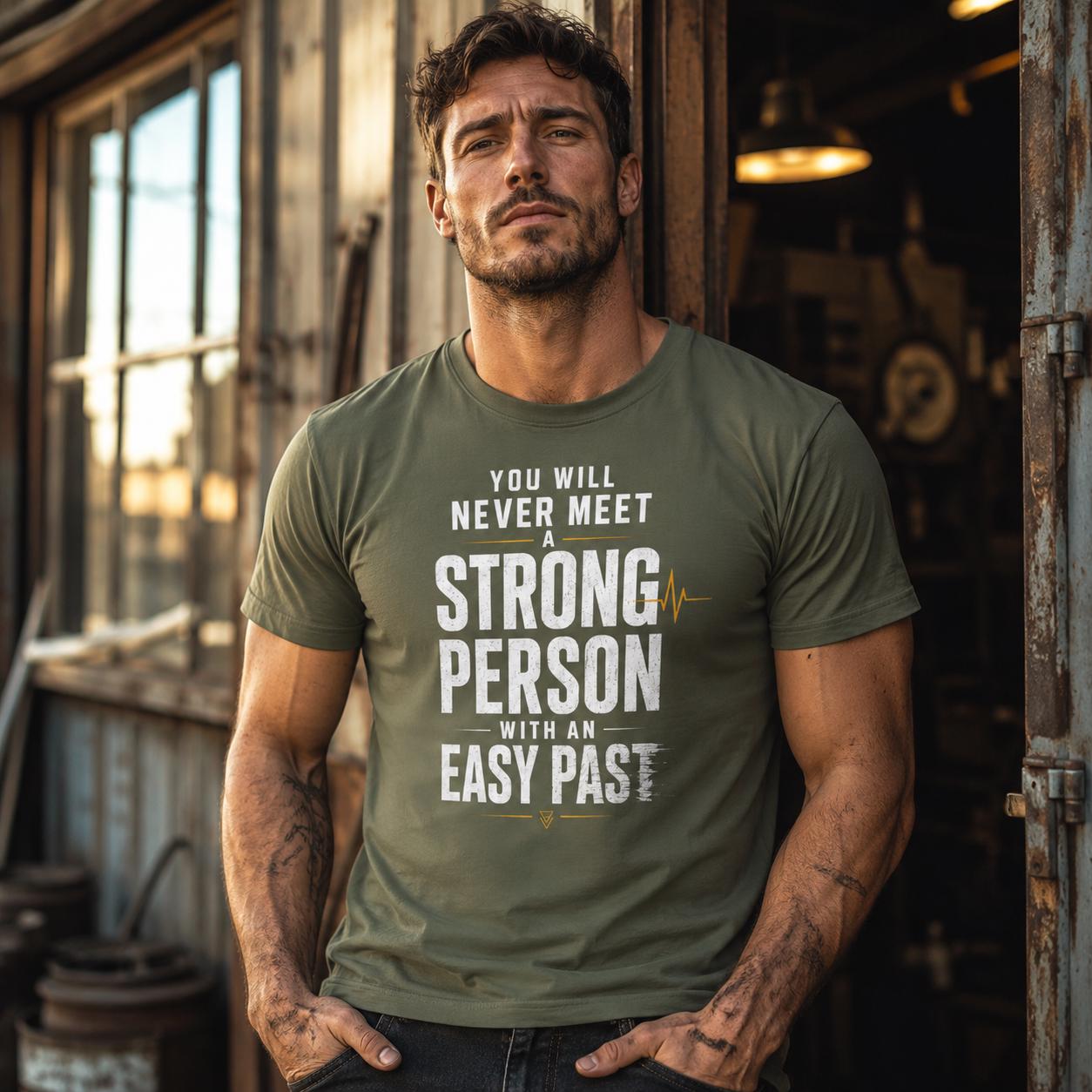 Mann mit olivgrünem T-Shirt mit weißem Motiv vor dunklem Hintergrund