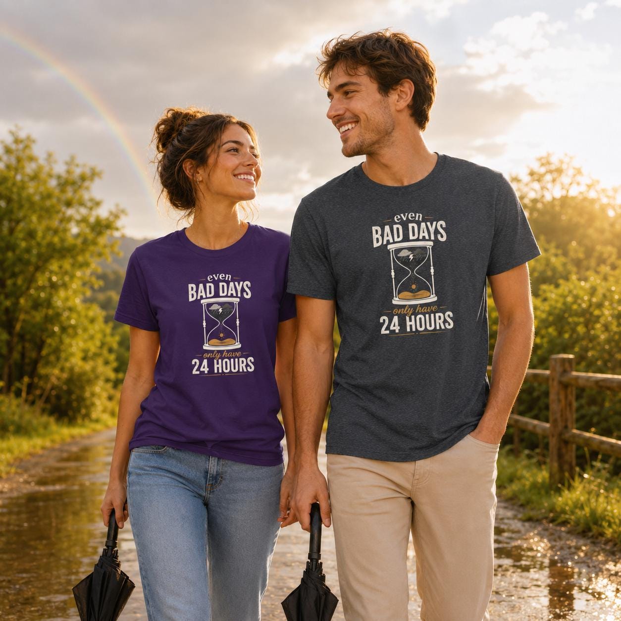 Mann und Frau spazieren draußen, beide tragen T-Shirts mit positivem Spruch und Sanduhr-Grafik