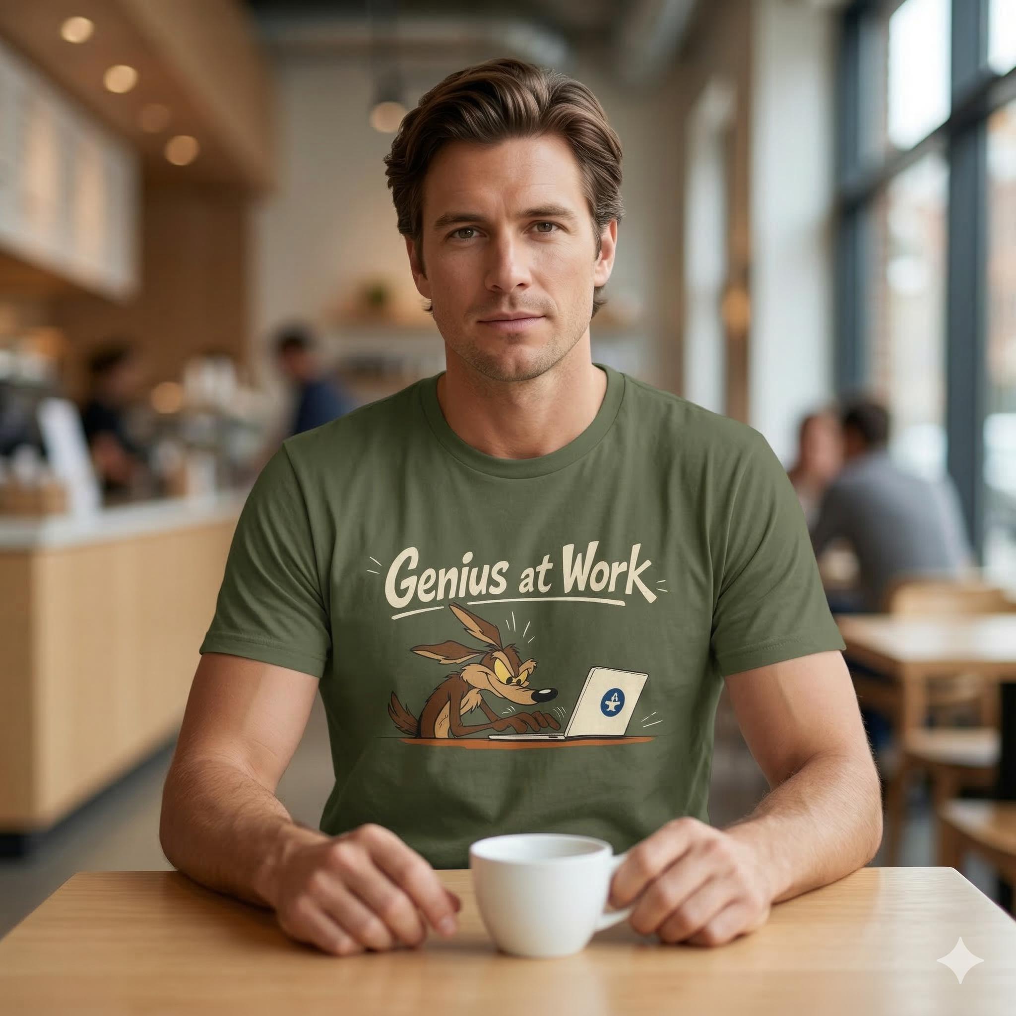 Programmierer T-Shirt, Wile E. Coyote, Genius at Work! Geschenk für Software Entwickler & Informatiker, IT Nerd Coding. Shirt Unisex