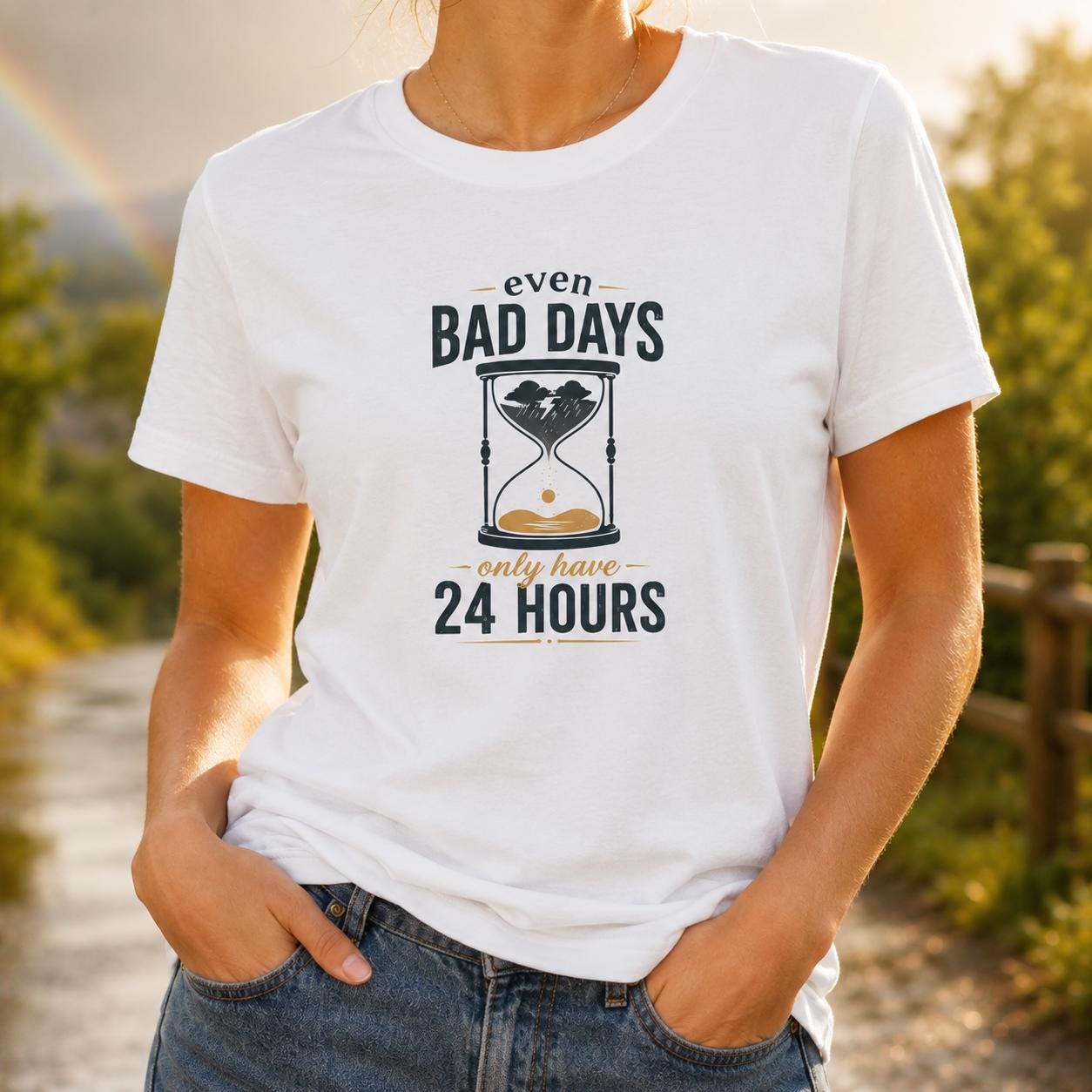 Person trägt weißes T-Shirt mit Aufdruck 'Even Bad Days Only Have 24 Hours' und Sanduhr-Motiv im Freien