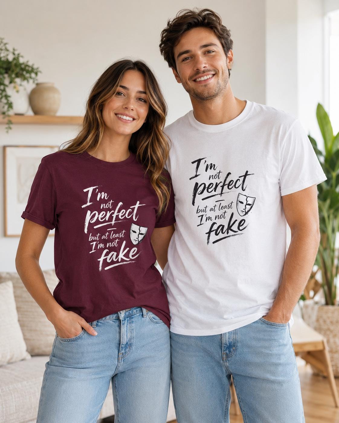Paar trägt weinrotes und weißes T-Shirt mit dem Statement 'I'm not perfect but at least I'm not fake' vor neutralem Hintergrund