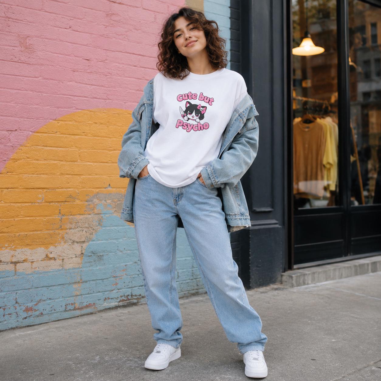 Cute But Psycho Shirt, Pink Kawaii Cat T-Shirt for Women, Funny Sassy Graphic Tee, Cute Psycho Shirt, Gift for Her