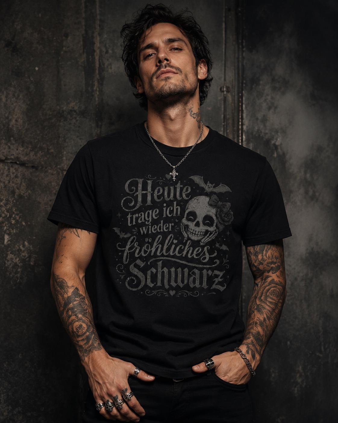 Heute trage ich fröhliches Schwarz Shirt - Gothic T-Shirt mit Totenkopf, lustiges schwarzes Statement Shirt - Floral Goth