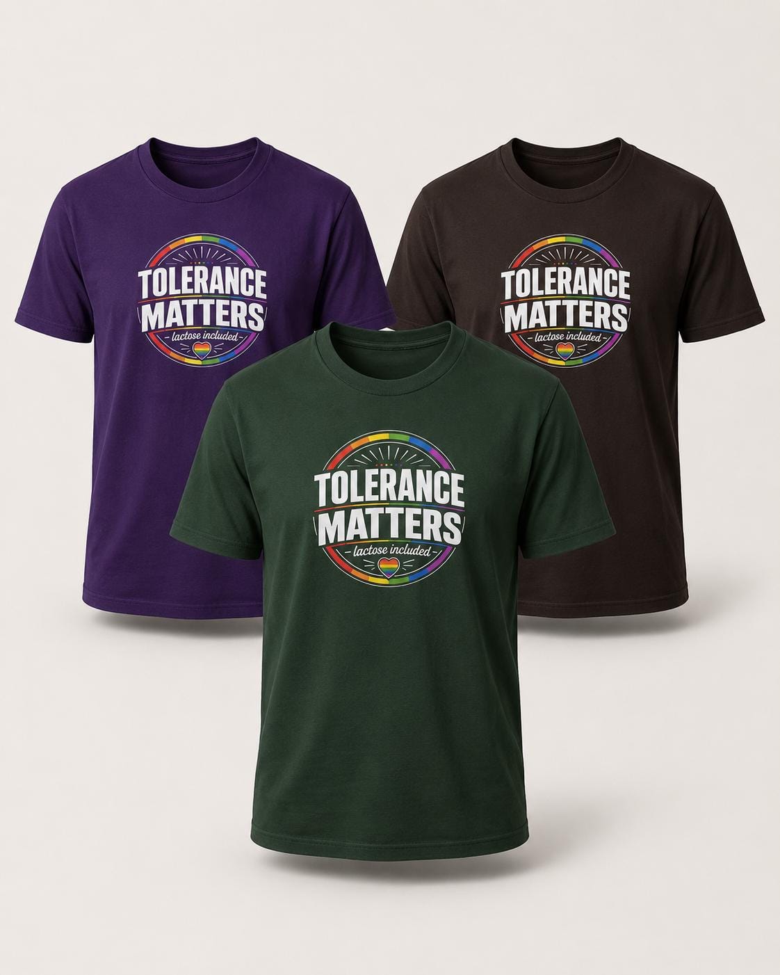 Drei T-Shirts in Lila, Dunkelgrün und Schwarz mit Tolerance Matters Schriftzug und farbigem Pride-Design