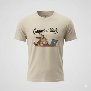 Könnte beinhalten: Beiges T-Shirt mit einem Cartoon-Kojoten, der an einem Laptop arbeitet. Der Text "Genius at Work" steht über dem Kojoten. Das T-Shirt hat kurze Ärmel und einen Rundhalsausschnitt.