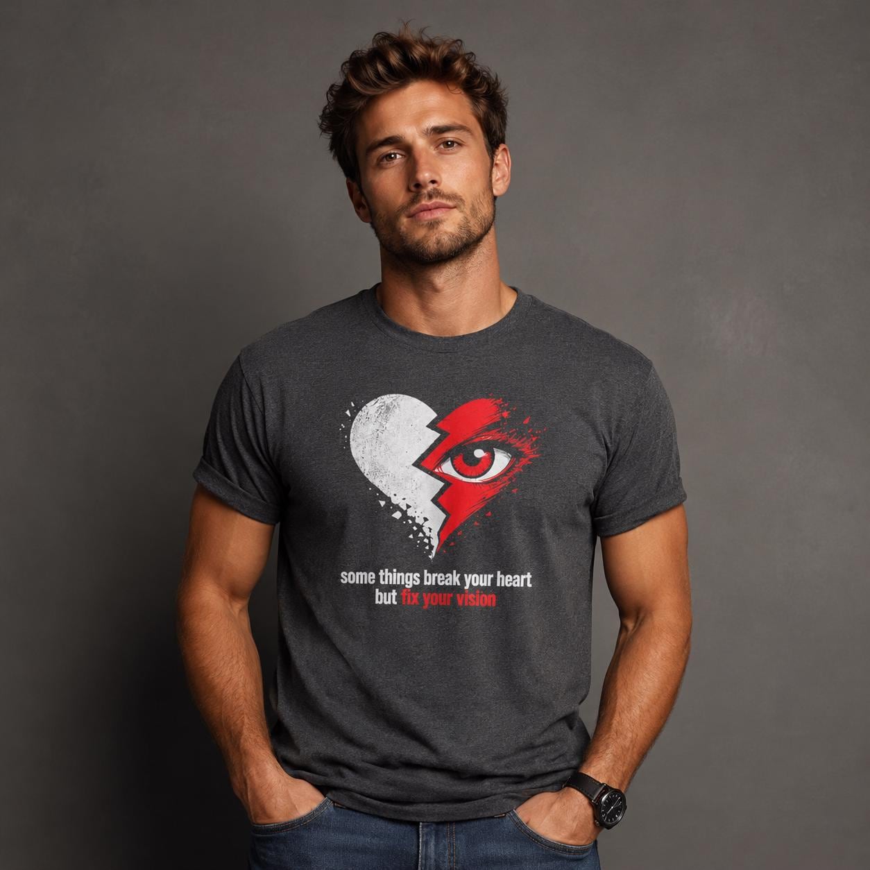 Männliches Model präsentiert dunkelgraues T-Shirt mit Herz- und Augenmotiv und zweifarbiger Aufschrift