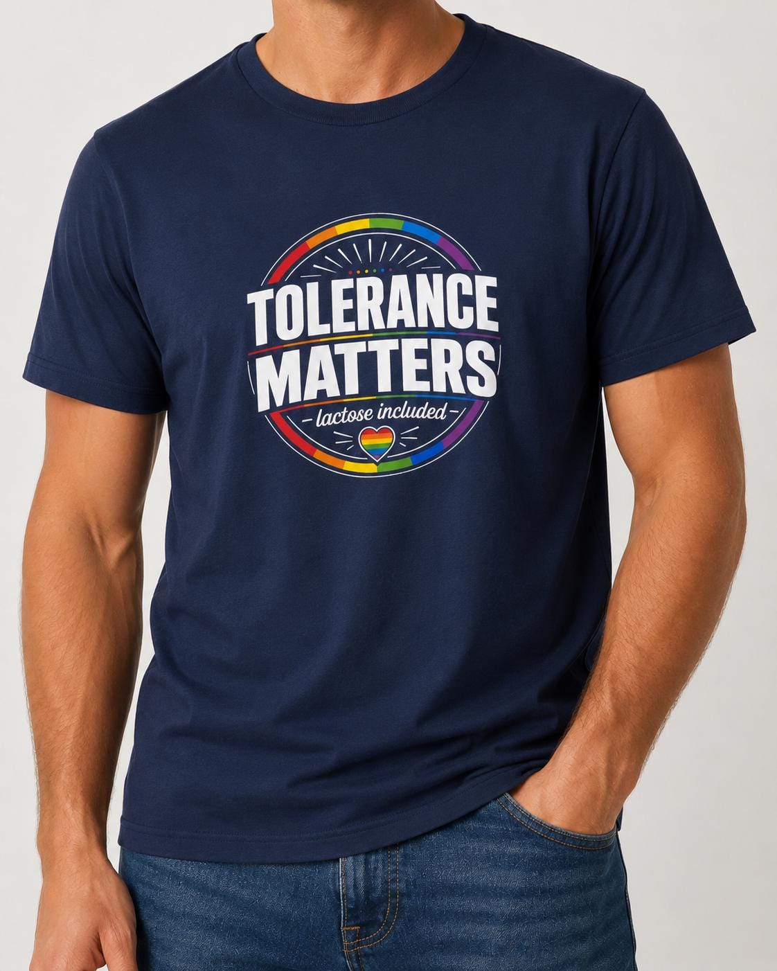 Dunkelblaues T-Shirt mit weißem 'Tolerance Matters lactose included' Schriftzug und Regenbogen