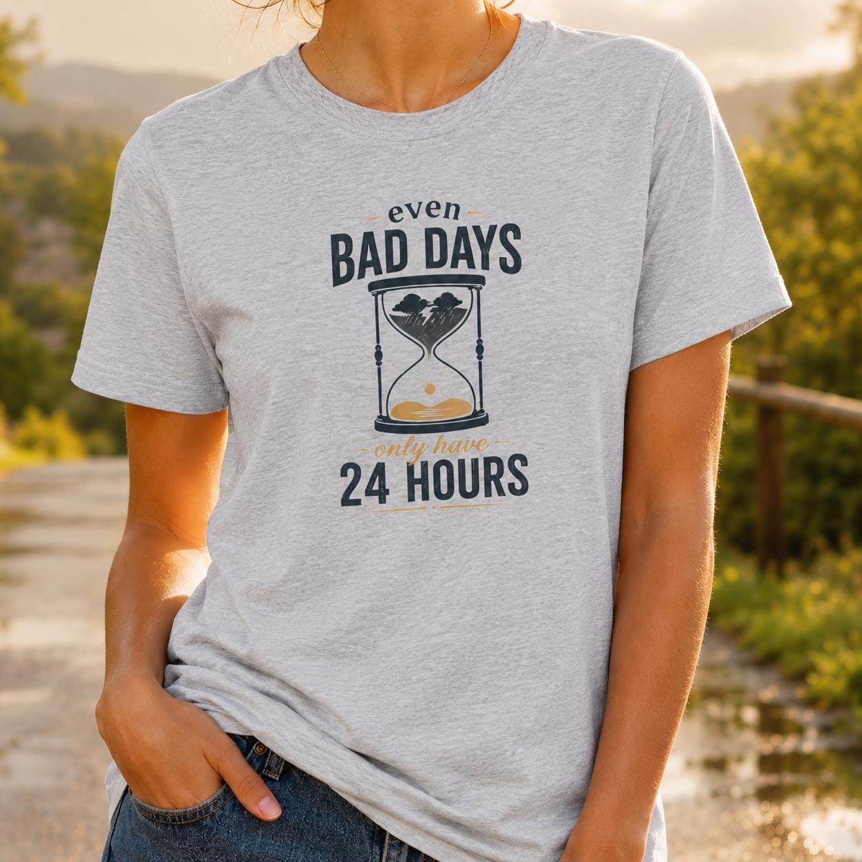Person trägt graues T-Shirt mit 'Even Bad Days Only Have 24 Hours' Aufdruck und Sanduhr-Symbol