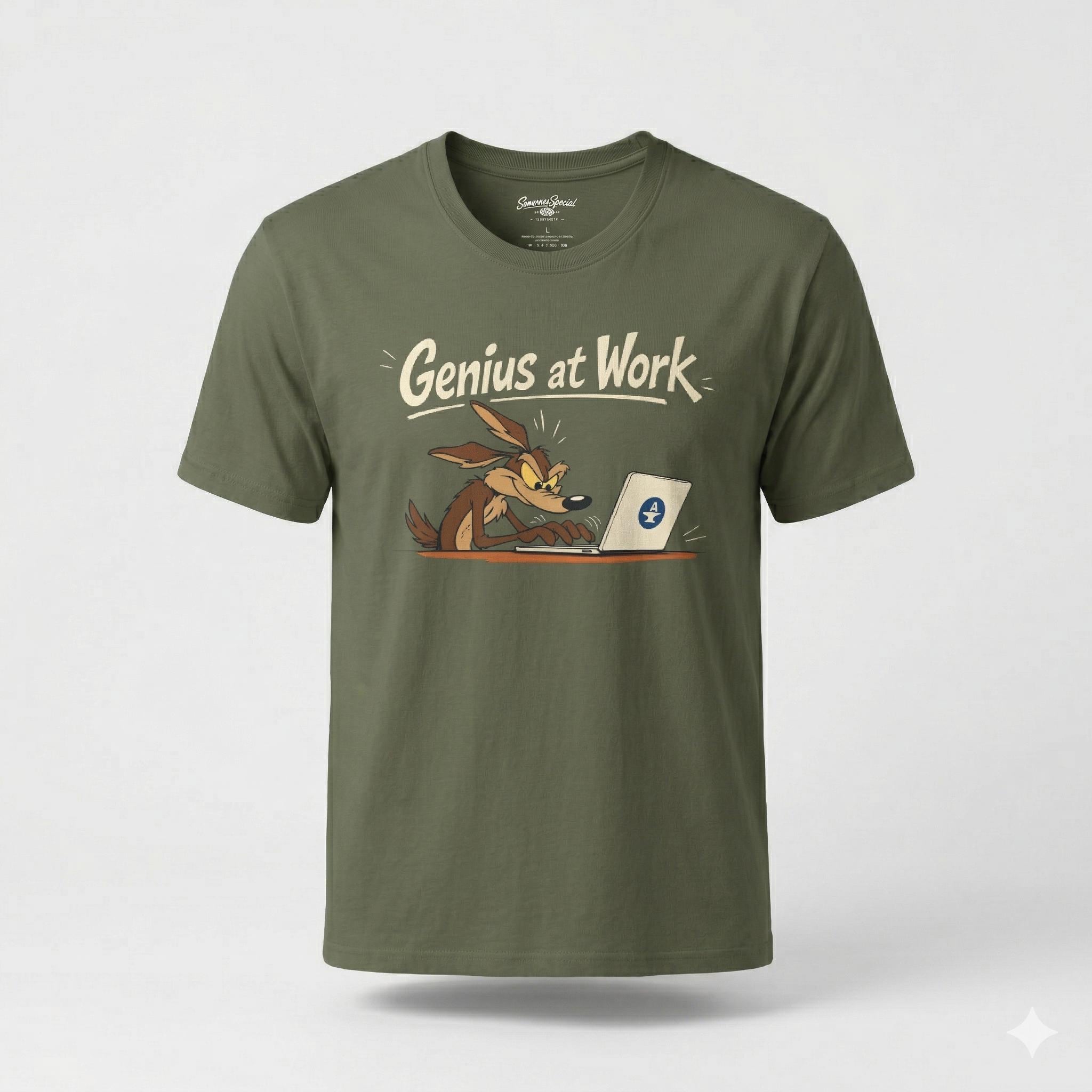 IT Humor Shirt. Genius at Work! Wile E. Coyote, bequemes leichtes Baumwollshirt für Coder, Gamer & Nerds, Unisex Fit
