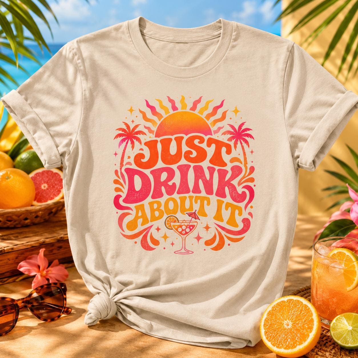 Trinken statt Nachdenken Shirt – Just Drink About It T-Shirt für Festival, Malle, Urlaub, Party & Sommer