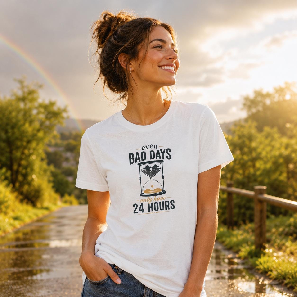 Lächelnde Frau trägt weißes Motivationsshirt mit Sanduhr-Design und Spruch im Sonnenlicht