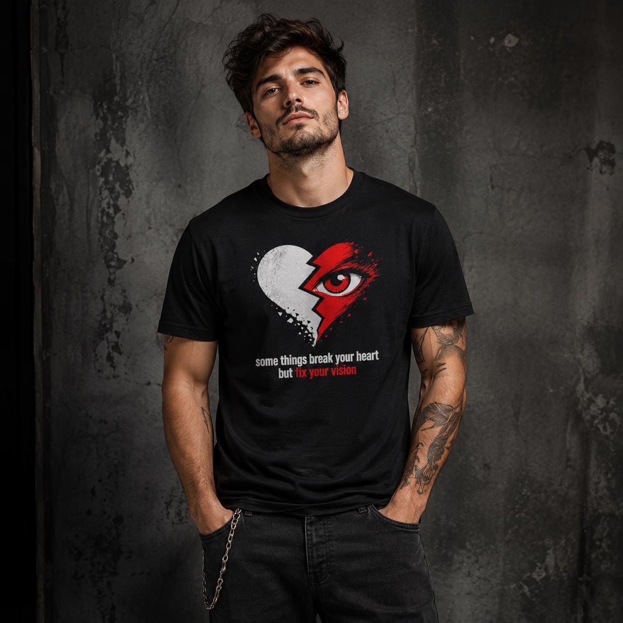 Männliches Model trägt schwarzes Shirt mit großem Herz-und-Auge Motiv und motivierendem Schriftzug vor dunklem Hintergrund