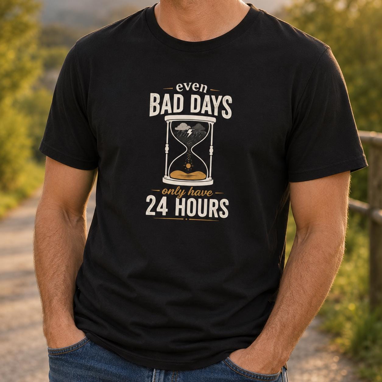 Person trägt schwarzes T-Shirt mit positivem Spruch und Sanduhr-Grafik vor grünem Hintergrund