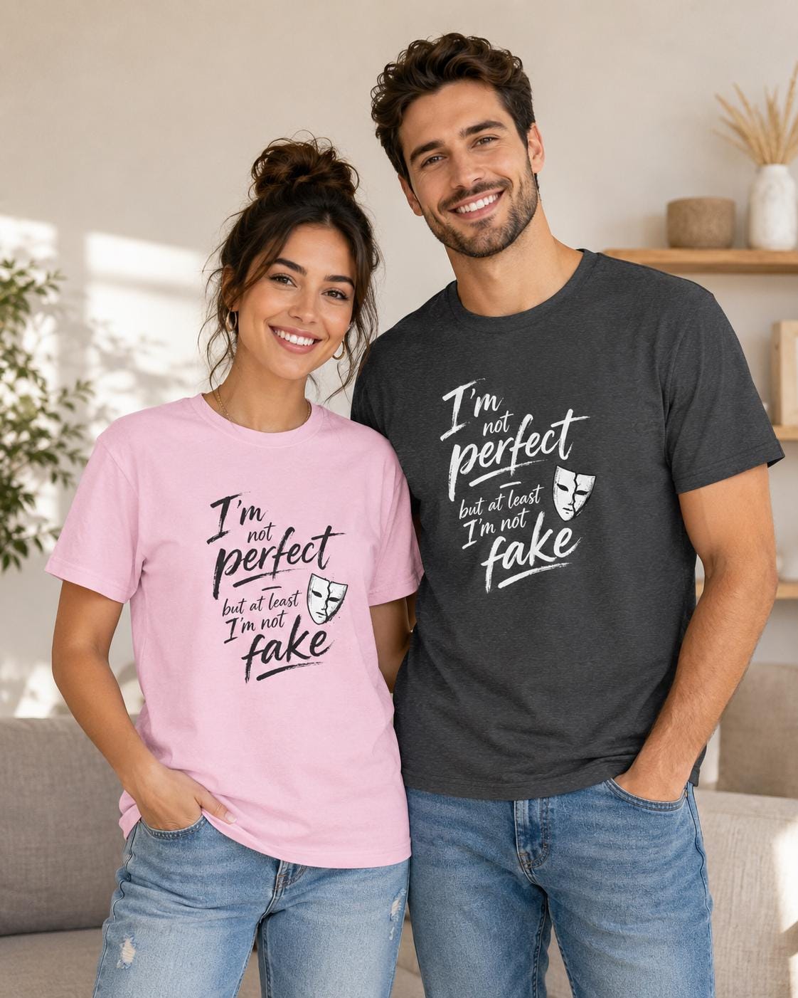 Paar in rosa und schwarzem T-Shirt mit dem Spruch 'I'm not perfect but at least I'm not fake' steht nah beieinander