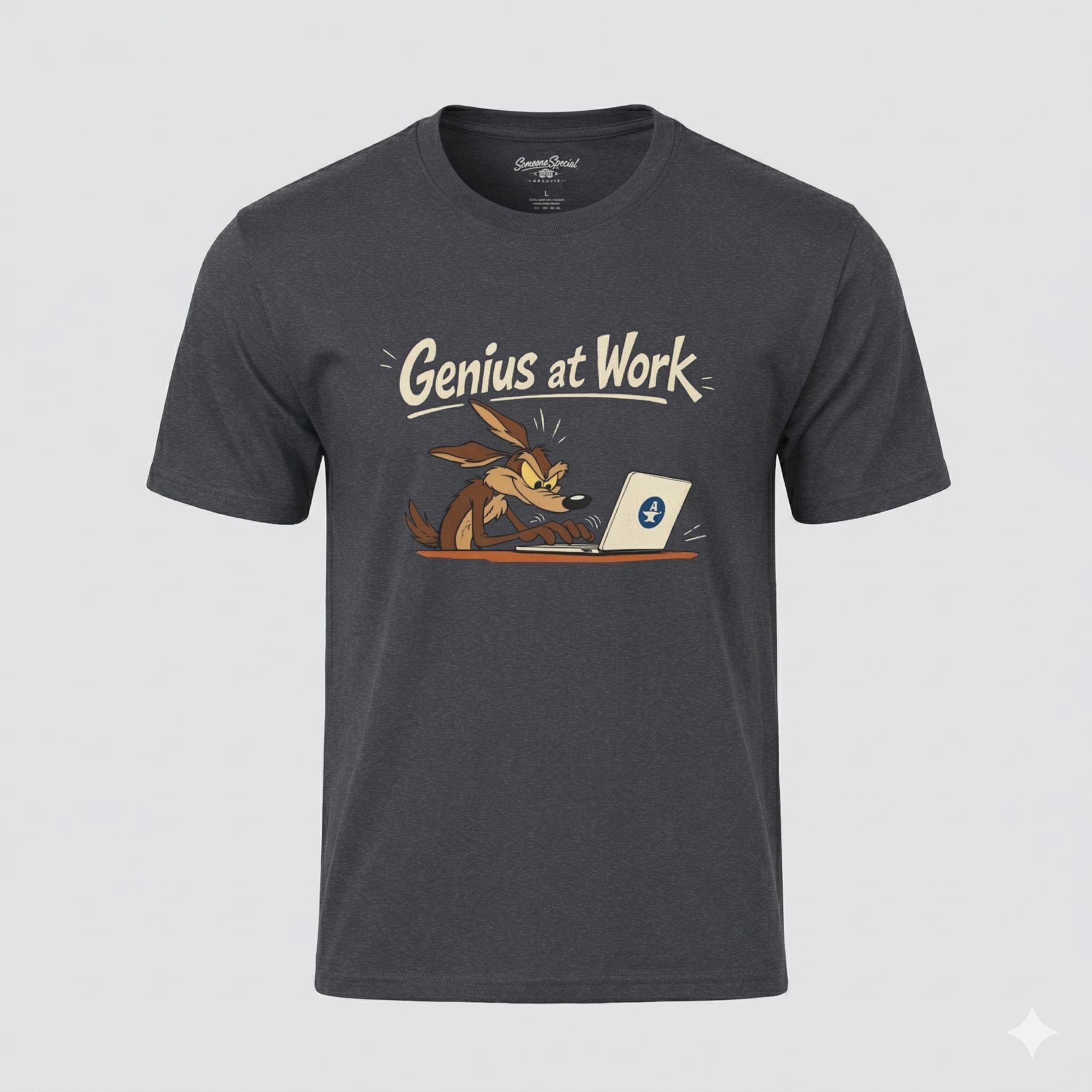 IT Humor Shirt. Genius at Work! Wile E. Coyote, bequemes leichtes Baumwollshirt für Coder, Gamer & Nerds, Unisex Fit