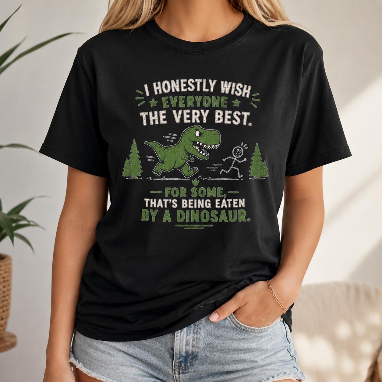 Person trägt schwarzes T-Shirt mit Dinosaurier Motiv und sarkastischem Spruch, halbansicht
