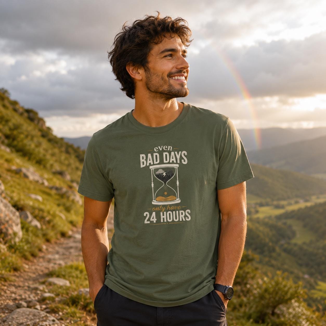 Mann sitzt draußen mit Blick in die Ferne, trägt grünes Shirt mit motivierendem Spruch und Sanduhr-Motiv