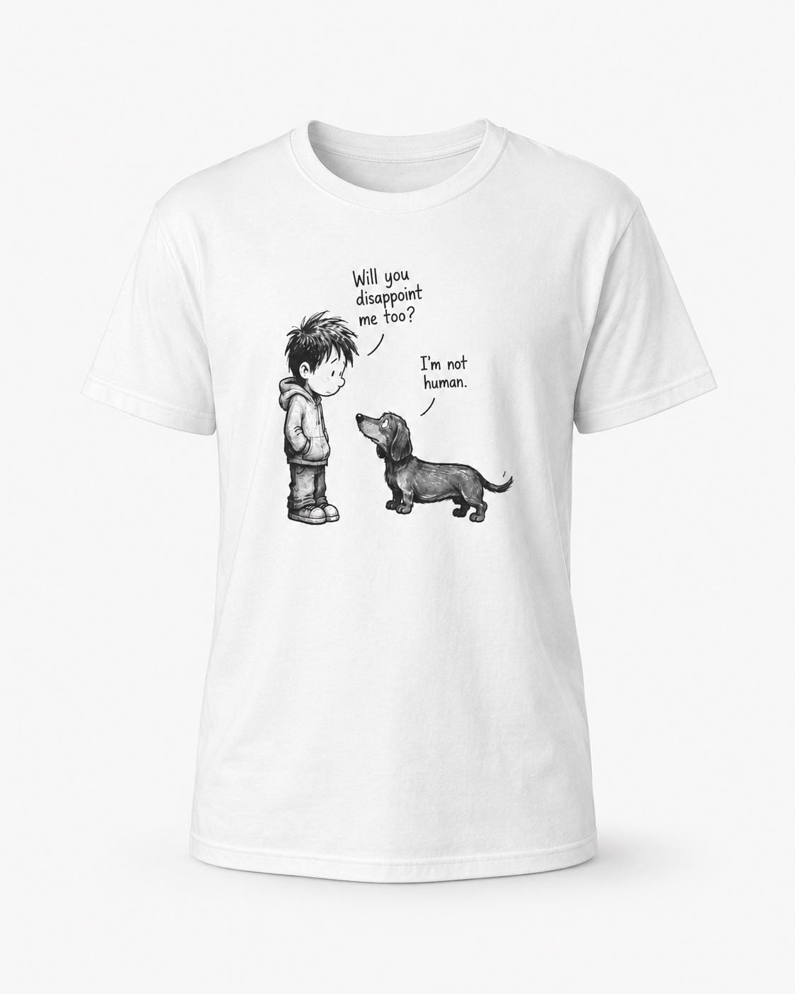 Weißes Dog Lover Shirt mit schwarzem Dackel-Motiv und Schriftzug, frontal fotografiert