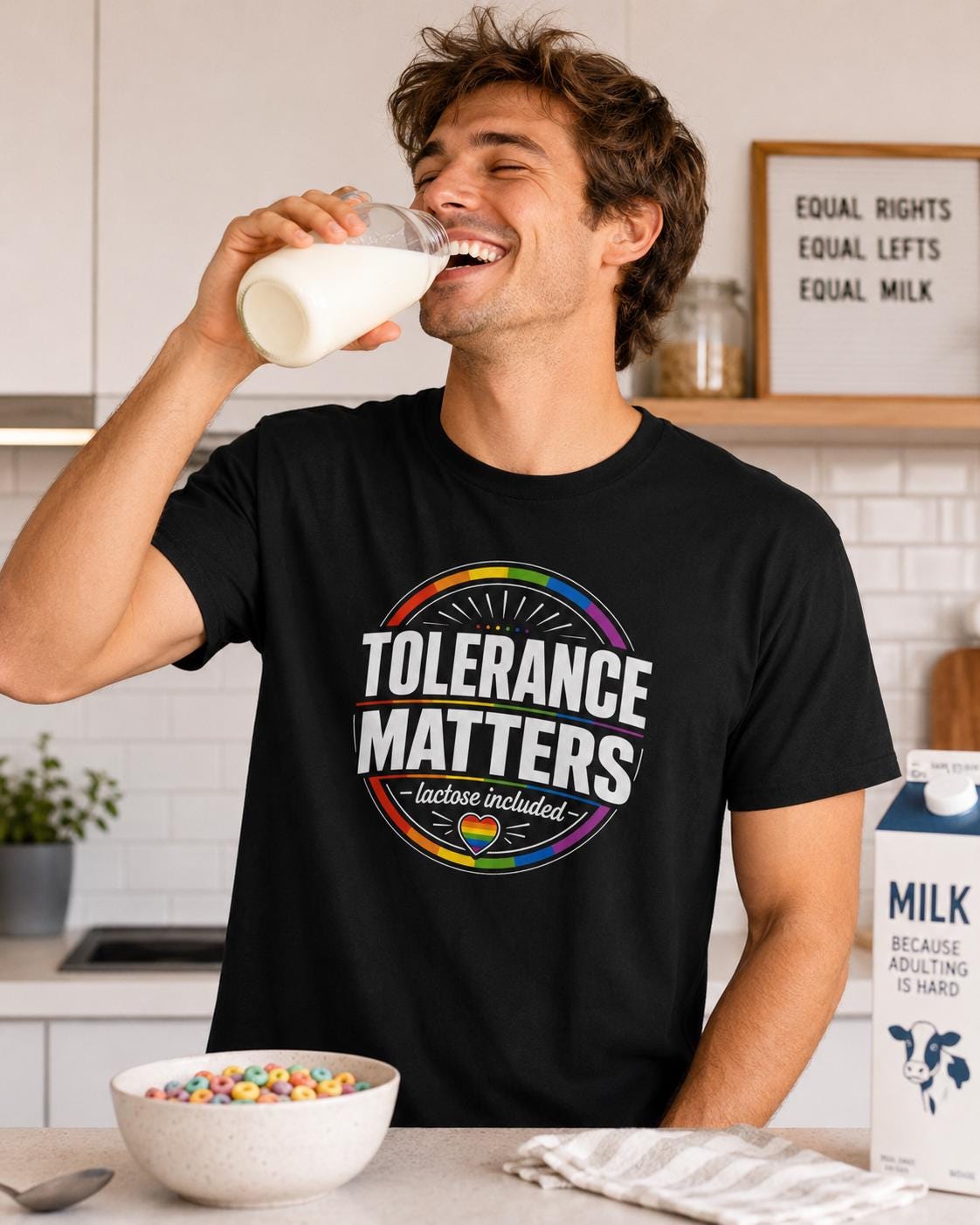Mann trinkt Milch und trägt schwarzes 'Tolerance Matters lactose included' T-Shirt mit Regenbogen