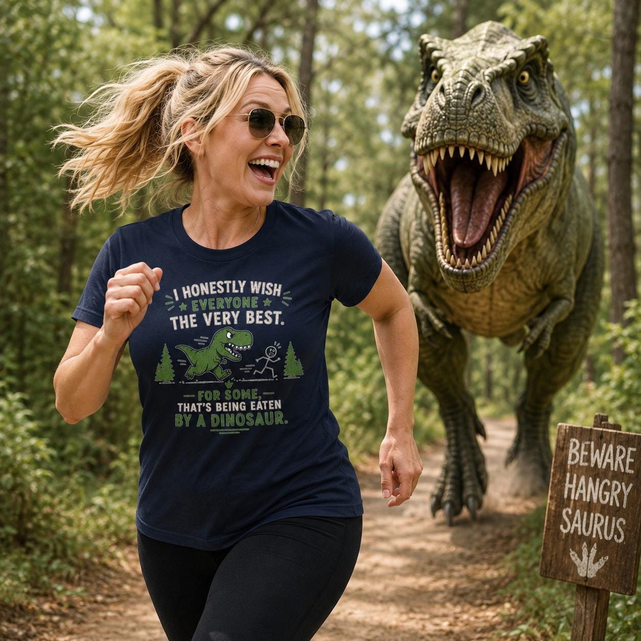 Frau trägt schwarzes Dinosaurier T-Rex Sarkasmus Shirt, läuft lächelnd mit einer T-Rex Figur im Hintergrund