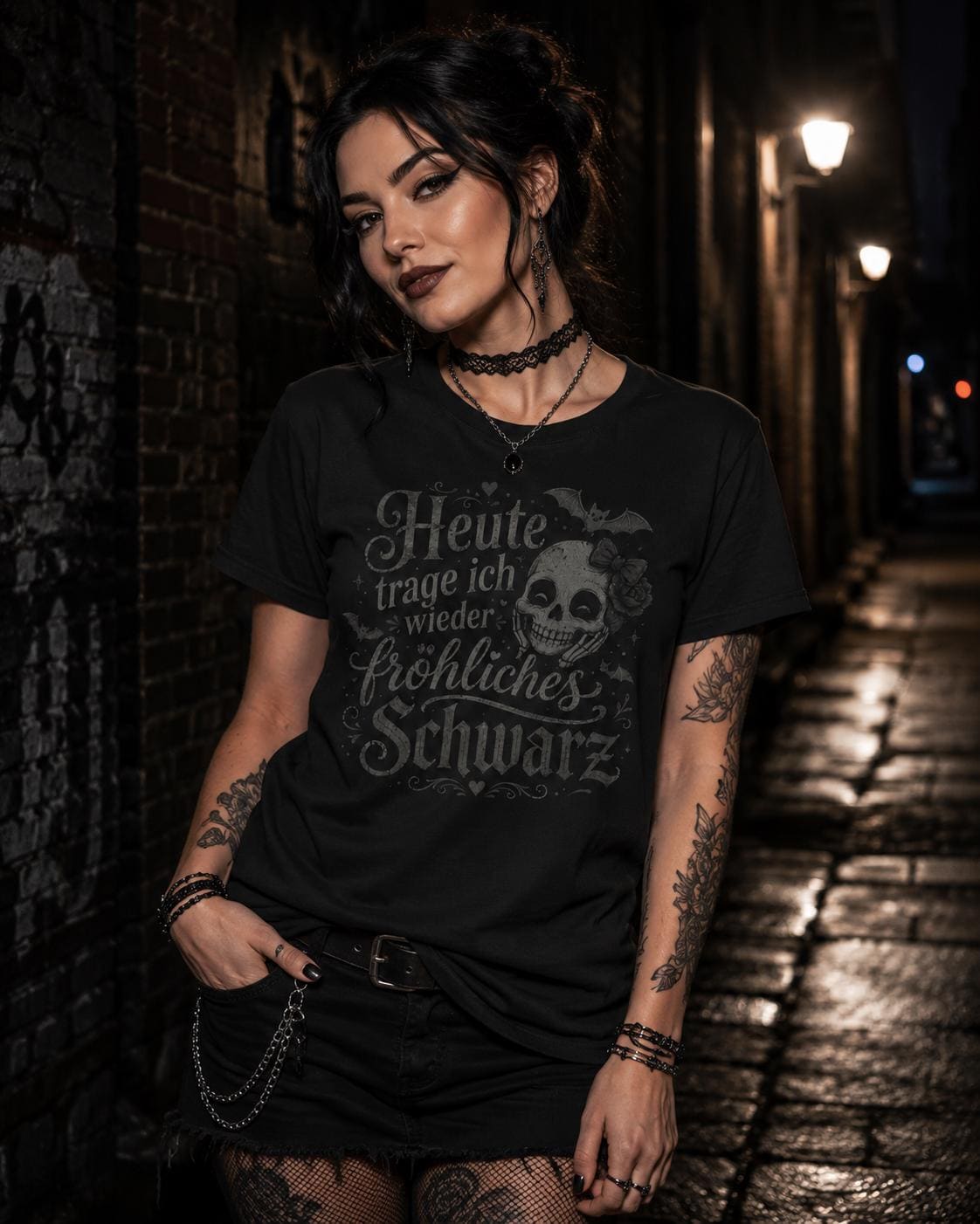 Heute trage ich fröhliches Schwarz Shirt - Gothic T-Shirt mit Totenkopf, lustiges schwarzes Statement Shirt - Floral Goth