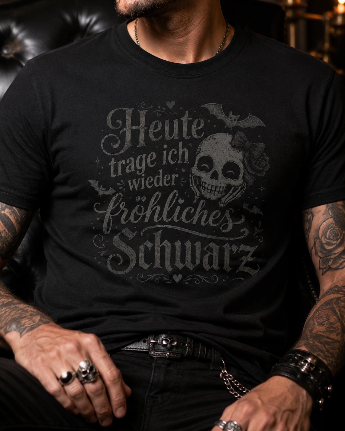 Heute trage ich fröhliches Schwarz Shirt - Gothic T-Shirt mit Totenkopf, lustiges schwarzes Statement Shirt - Floral Goth