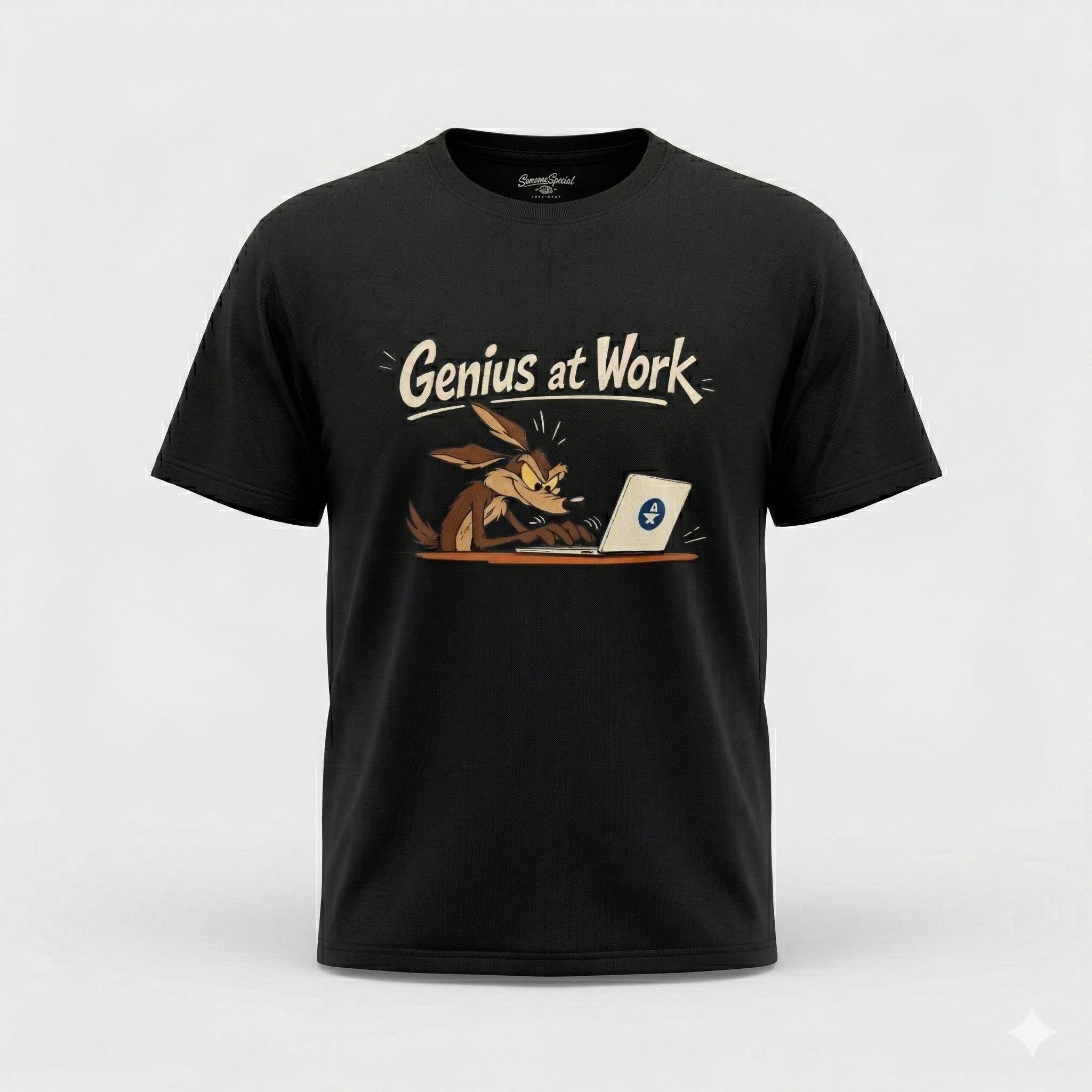 IT Humor Shirt. Genius at Work! Wile E. Coyote, bequemes leichtes Baumwollshirt für Coder, Gamer & Nerds, Unisex Fit