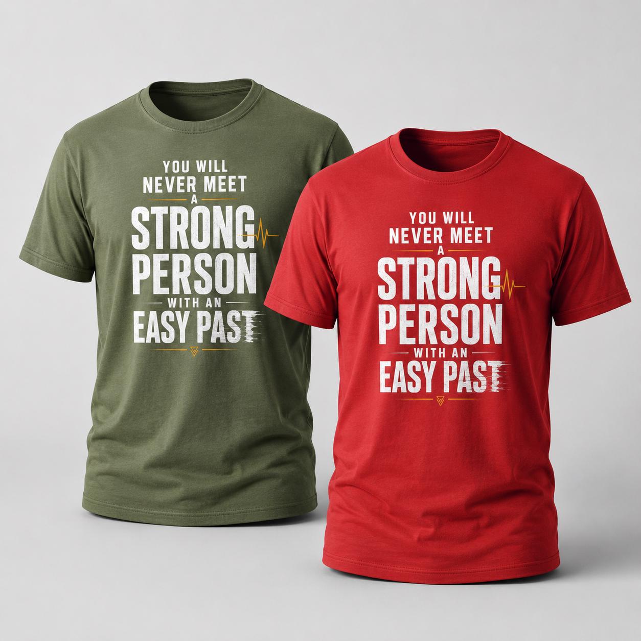 Zwei T-Shirts in Olivgrün und Rot mit weißem Motiv nebeneinander