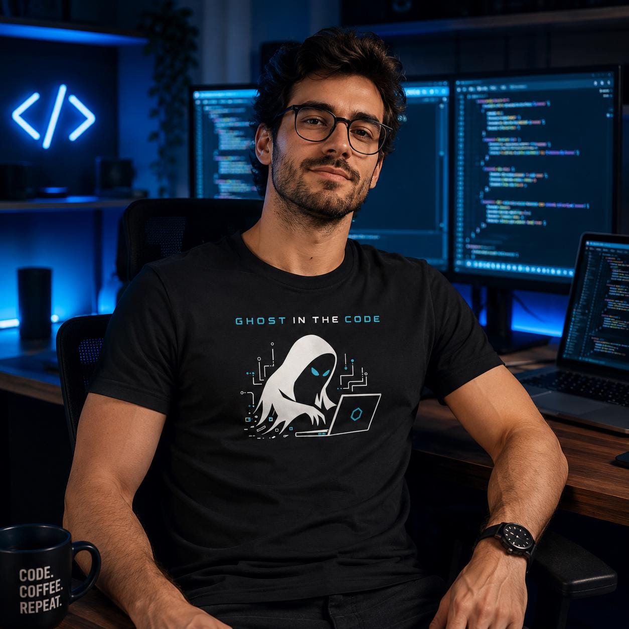 Mann trägt schwarzes Ghost in the Code T-Shirt und sitzt in einem technisch gestalteten Raum