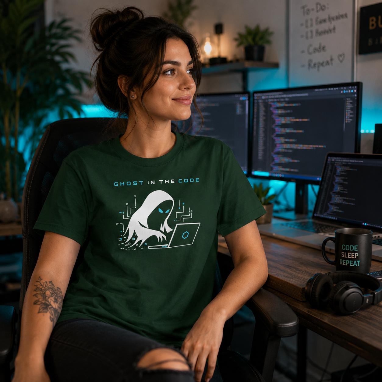 Frau in grünem Ghost in the Code T-Shirt sitzt vor Bildschirm mit Programmcode im Raum