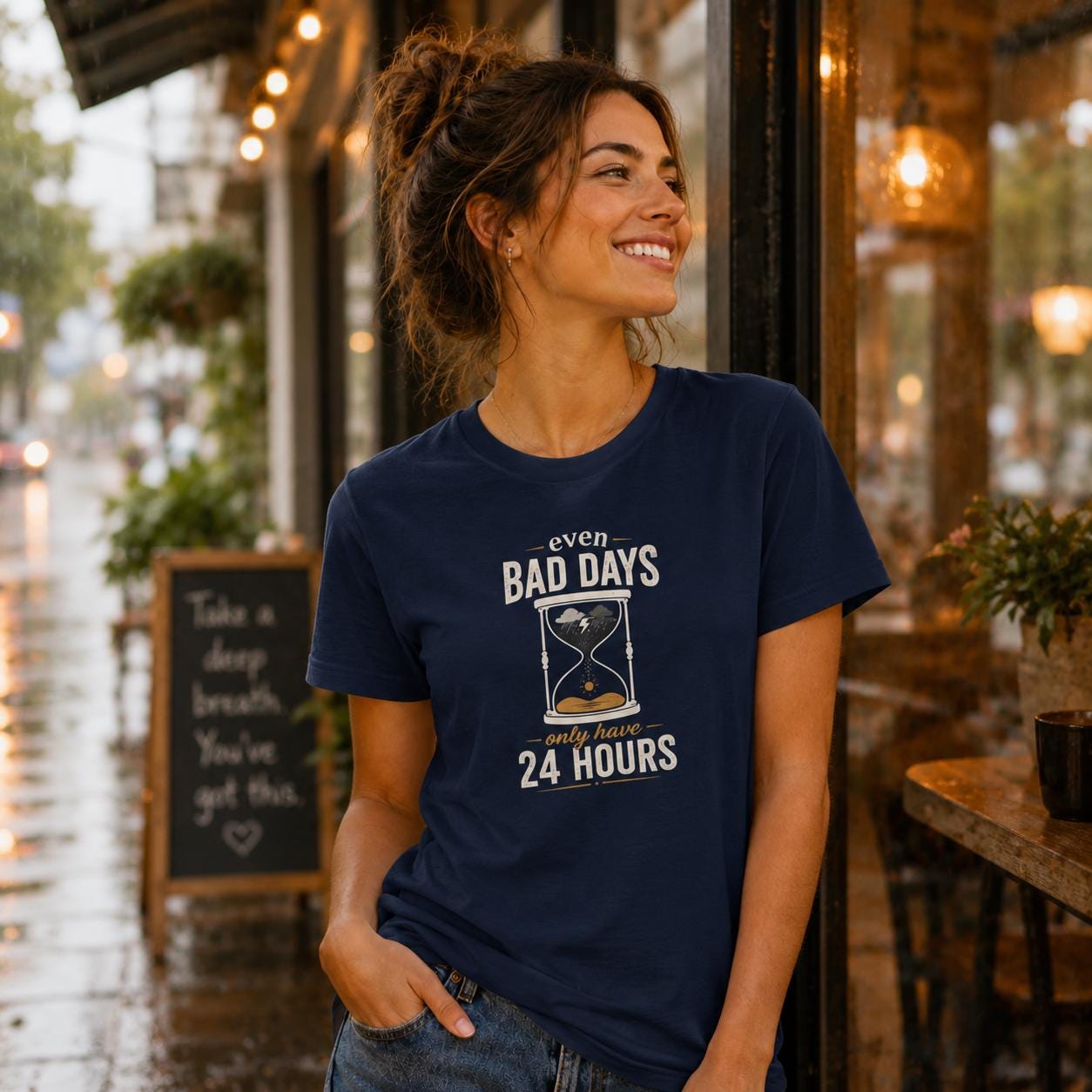 Frau in blauem T-Shirt mit 'Even Bad Days Only Have 24 Hours' Schriftzug vor urbaner Kulisse