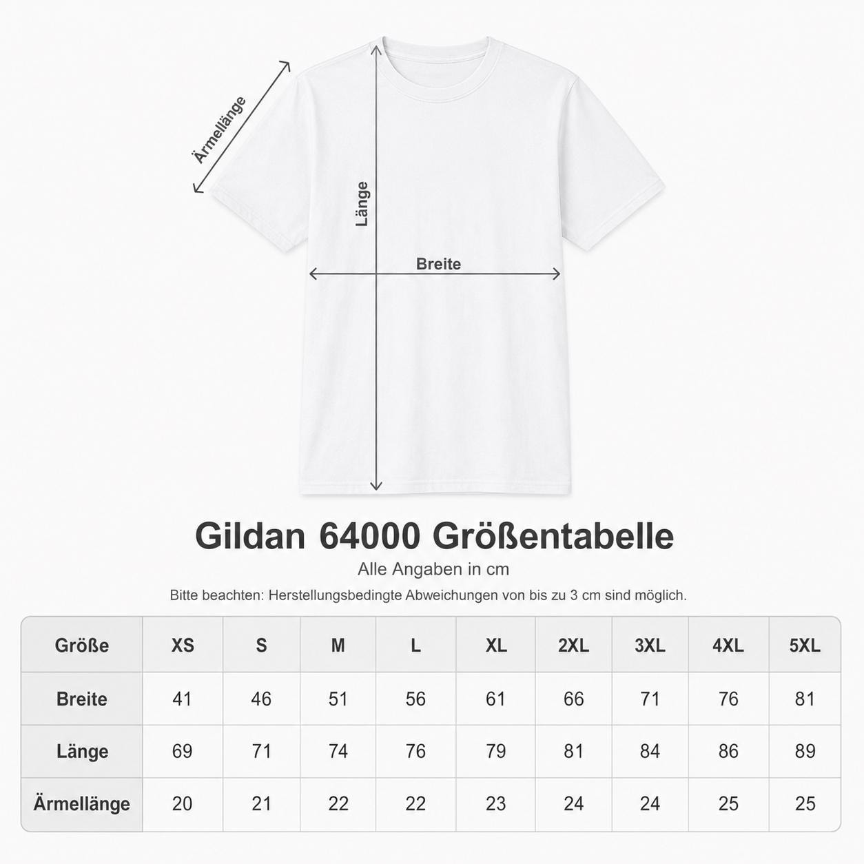 Gildan 64000 Größenübersicht mit Brust- und Längenmaßen für T-Shirts in verschiedenen Größen