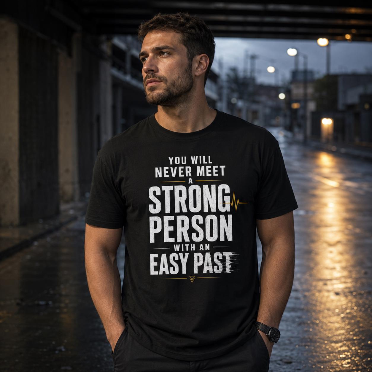 Mann trägt schwarzes T-Shirt mit weißem Statement, stehend in einer nächtlichen Straße