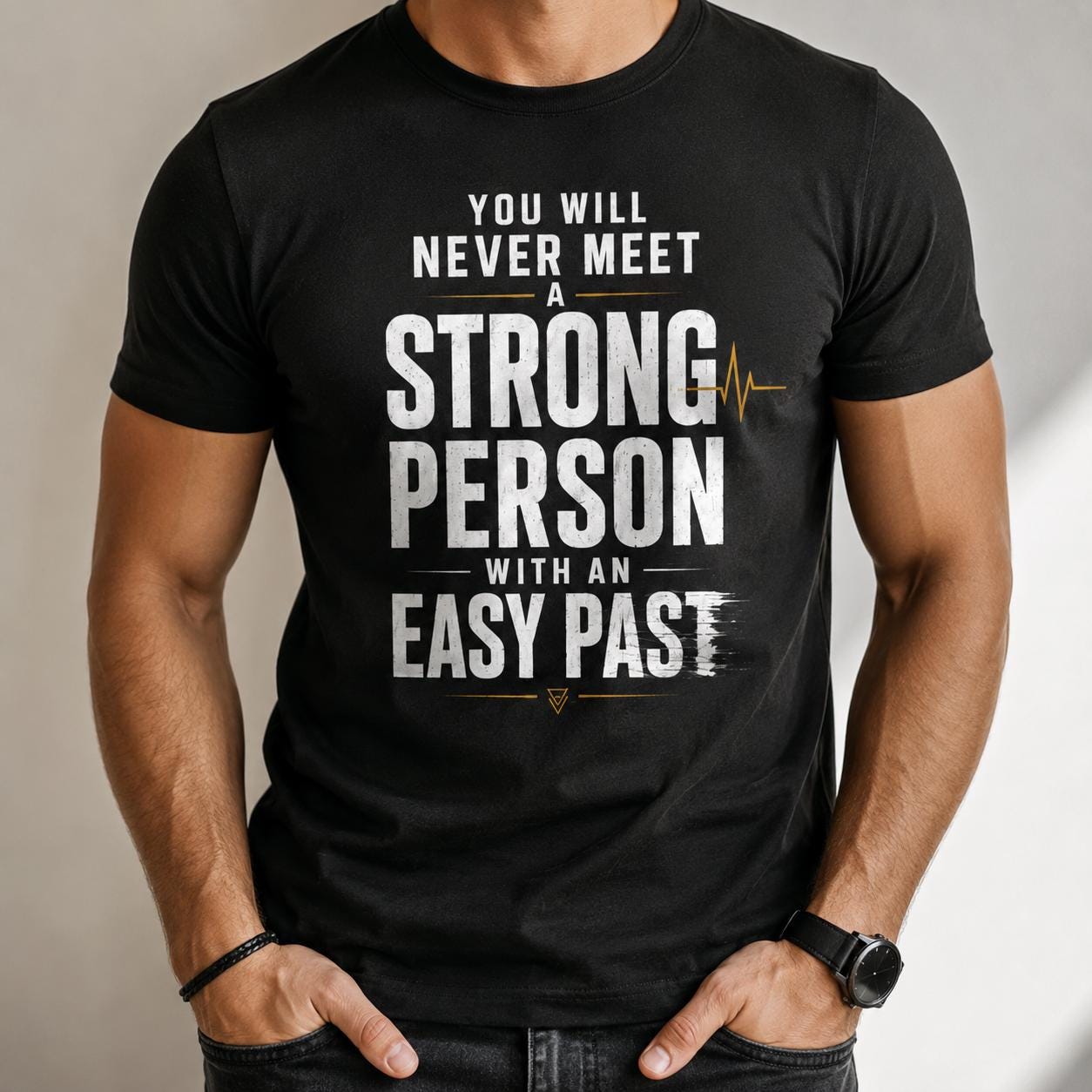 Schwarzes T-Shirt mit weißem Schriftzug 'You Will Never Meet A Strong Person With An Easy Past' getragen von einer Person