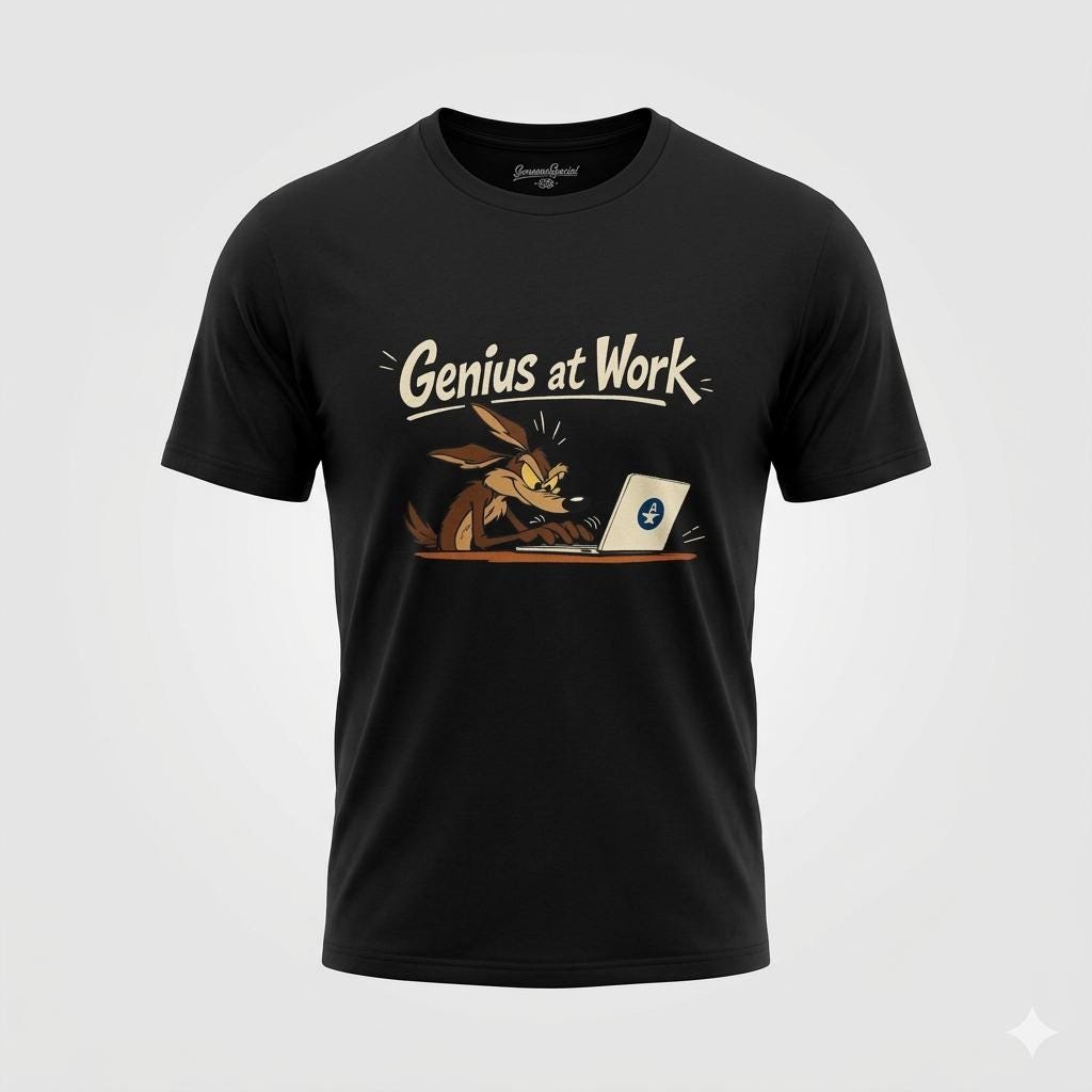 Programmierer T-Shirt, Wile E. Coyote, Genius at Work! Geschenk für Software Entwickler & Informatiker, IT Nerd Coding. Shirt Unisex