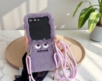 Cute Funny Plush Case Samsung Galaxy Z Flip7 6 5 4 3 Fluffy Fur Cover with Lanyard