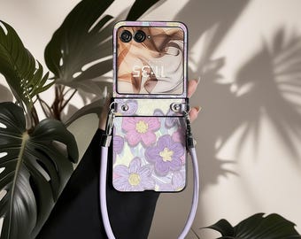 Funda con diseño de flores moradas para Motorola Razr 60 Ultra, Razr 2025 y Razr 50 Ultra. Incluye correa de pulsera.