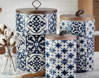 Conjunto de Potes de Cerâmica Azul com Tampas | Potes de Cozinha com Medalhão | Ideal para Armazenar Biscoitos, Café e Açúcar | Conjunto de 3 Peças