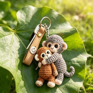 May include: Two crocheted monkey keychains, one brown and one gray, hugging on a large green leaf. A tan leather keychain with keys and a smiley face button is also present. The background is blurred green foliage.