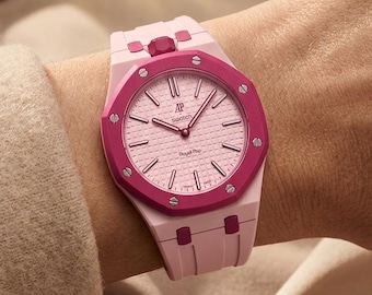 Handmade Otto Rosso Pink Royal Pop Bracelet for AP Swatch Style Watch, Integrated Silicone Strap, AP Royal Oak Style, Watch Accessories
