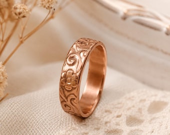 Solid Copper Floral Engraved Band Ring | Vintage Boho Minimalist Jewelry