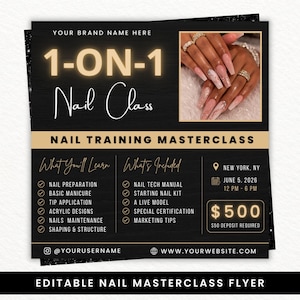 Op de afbeelding: Zwart en gouden flyer die een 1-op-1 nagelcursus promoot. De flyer bevat details over wat er geleerd wordt, wat er is inbegrepen en de datum en tijd van de cursus. Een foto van gemanicuurde nagels is te zien. De flyer bevat ook de website en social media.
