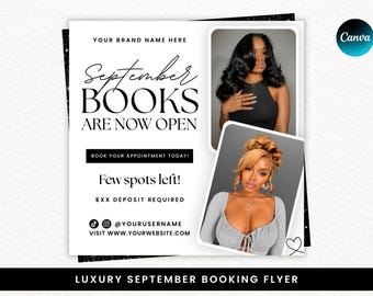 Luxury September Booking Flyer, Beauty Appointment Flyer, Books Open, Hair Braids Lashes, Nail Makeup Wig Flyer, Editable Canva Template